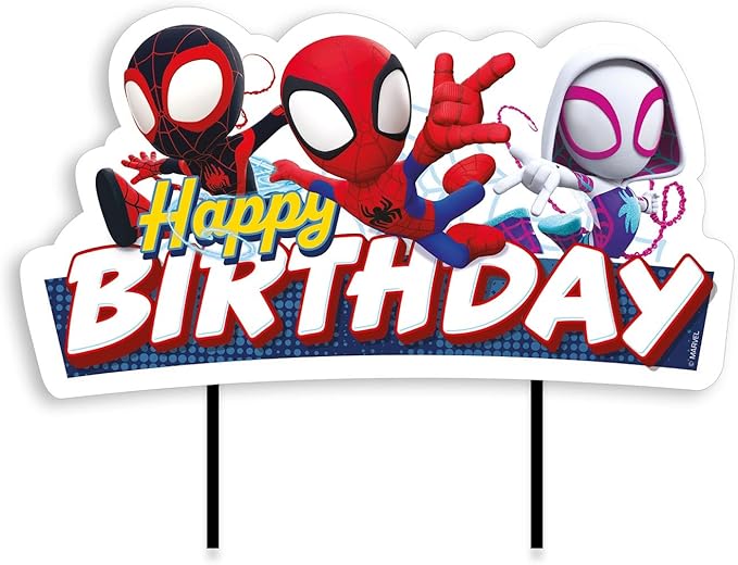 dekora - Spidey Happy Birthday Cake Topper 17.5 × 15 cm - Official Marvel Cake Topper, Sturdy Paper Card with Food Safe Sticks
