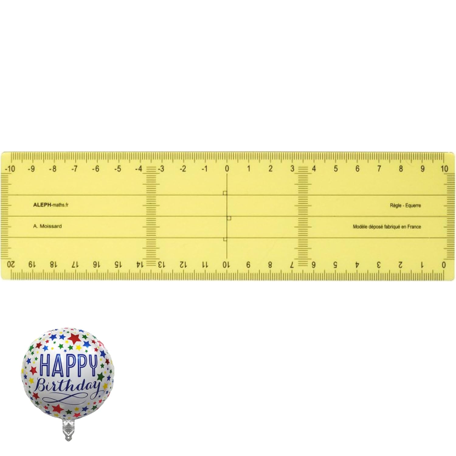 ALEPH Règle Equerre 20cm grand modèl plastique et ballon aluminium OFFERT "HAPPY BIRTHDAY" 30 cm