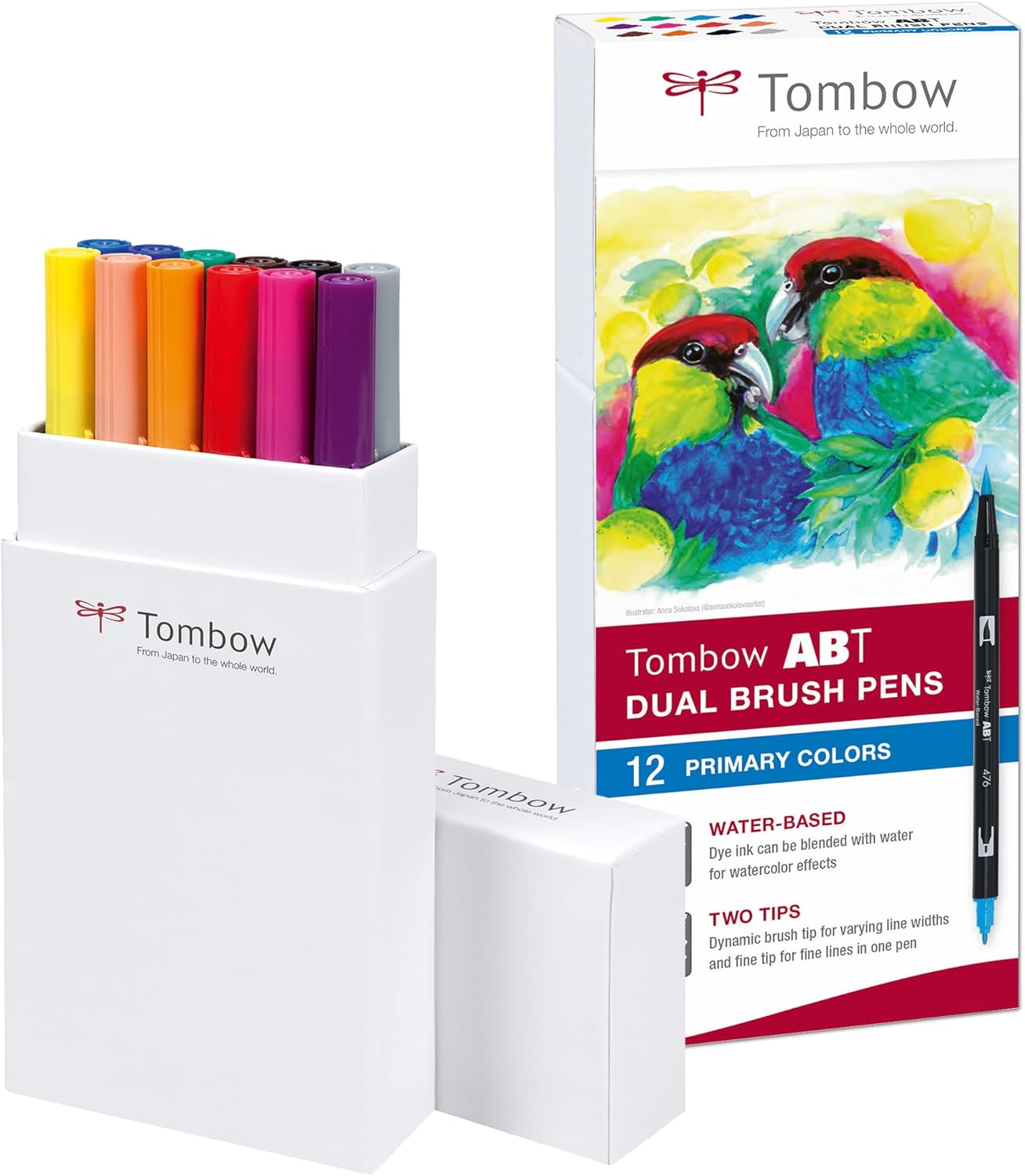 Tombow ABT-12P-1 Set of 12 Brush Pens with 2 Tips, Primary Colours