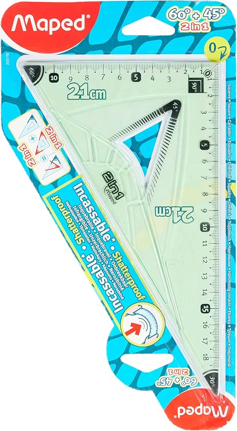 MAPED Unbreakable Angle 0 Positioned in Right Angle and Ergonomic Grip - 2-in-1 Square 60 and 45°, Large Side 21 cm, Green