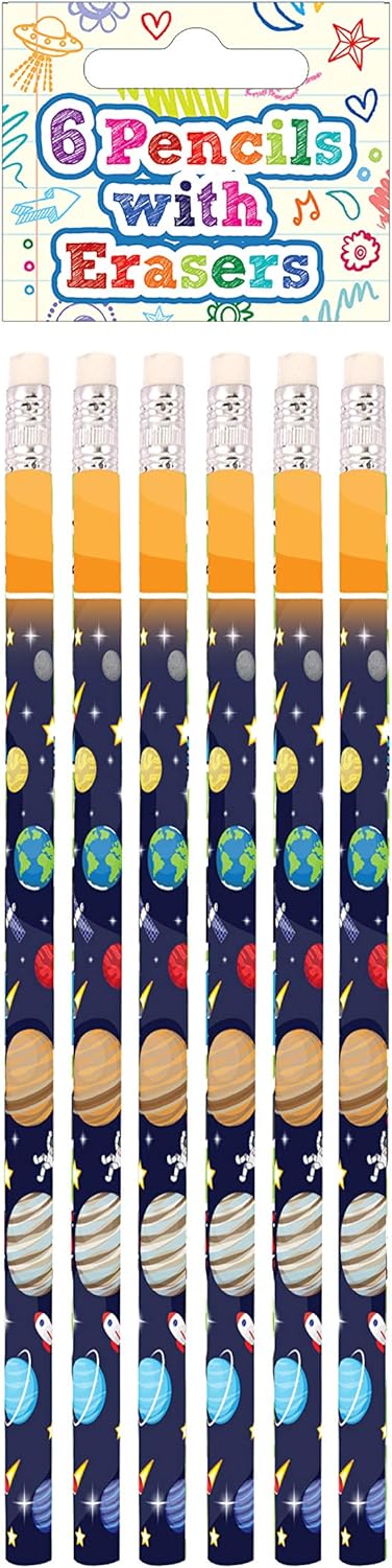 Henbrandt Space Pencils with Erasers for School and Nursery Pack of 6 Children's Birthday Space Astronaut Rockets Space Children