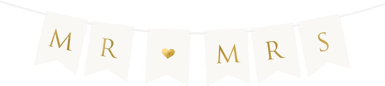PartyDeco Mr and Mrs Garland 15 x 85 cm Banner with Heart Paper Garland Wedding Decoration White Gold