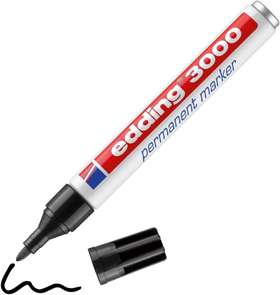 edding 3000 Permanent Markers - Black - 1 Pen - 1.5–3 mm Round Tip - Quick-Drying Permanent Marker - Waterproof, Smudge-proof - for Cardboard, Plastic, Wood, Metal - Universal Marker