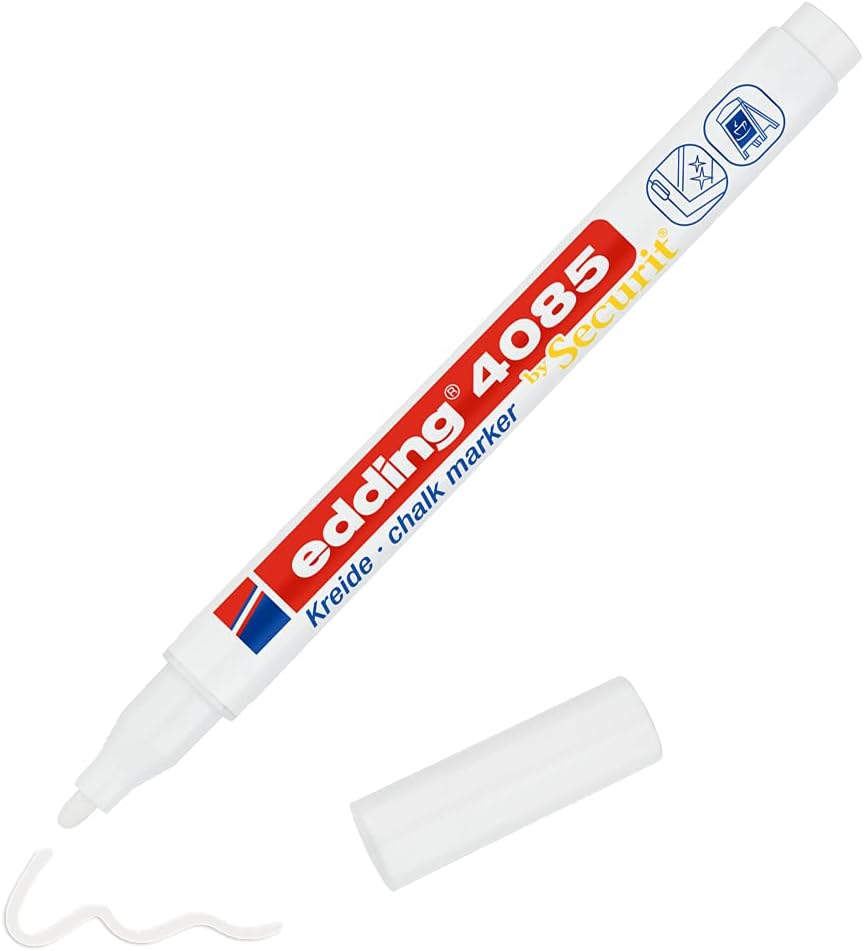 edding 4085 chalk marker, white, 1 chalk pen, round tip, 1-2 mm, thin chalk pen for blackboard, wipe-able, for writing on windows, glass, mirrors, chalkboard pen with opaque colours