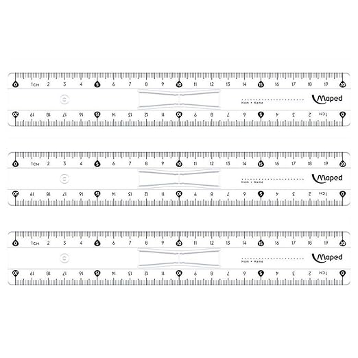 MAPED Essentials Set of 3 Flat Double Decimeter Rulers Plastic 20 cm with Handle