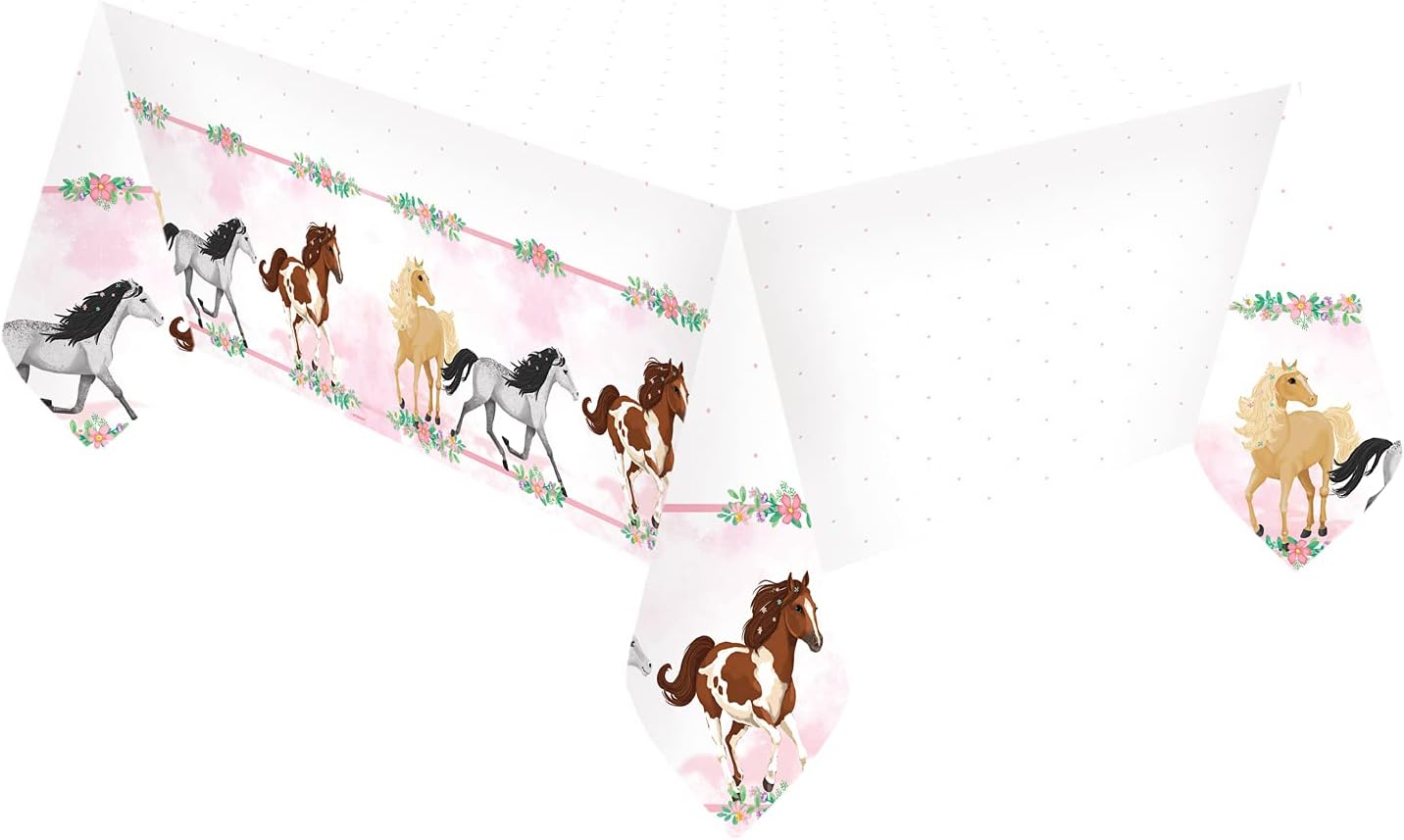 Amscan 9909877 Plastic Tablecloth Horse Size 120 x 180 cm White with Pony Border Table Decoration Children's Birthday Theme Party
