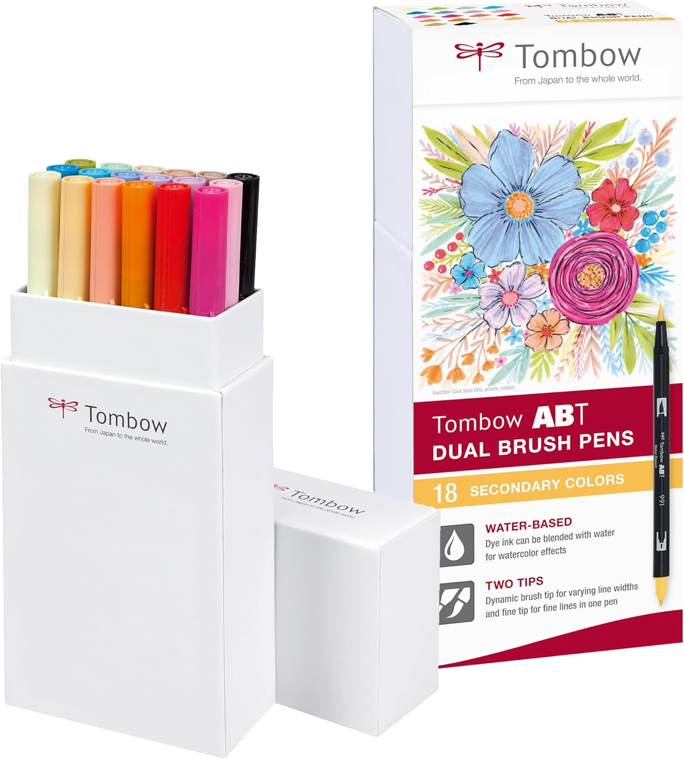 Tombow ABT-18P-2 Set of 18 Brush Pens with 2 Tips, Secondary Colours, Case