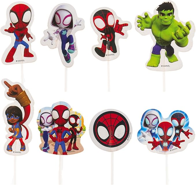 dekora - Spidey Cupcake Toppers Pack of 16 (8 Designs) - Official Marvel Cake Decoration, Sturdy Paper Card with Food-Safe Sticks