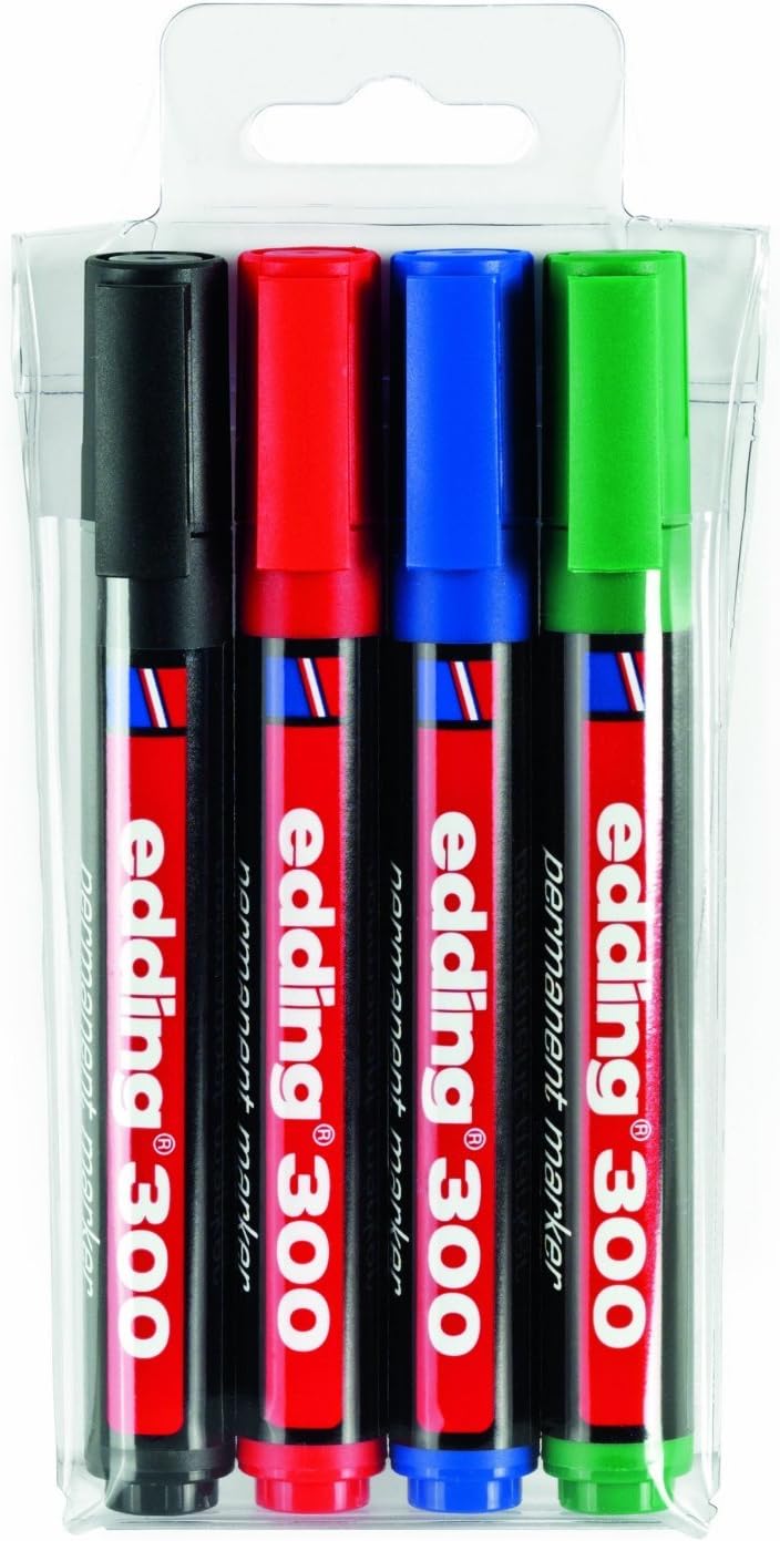 edding 300 Permanent Marker Pen - Black, Red, Blue, Green - 4 Pens - Round Tip 1.5-3 mm - Quick Drying, Water and Abrasion Resistant - for Cardboard, Plastic, Wood, Metal, Glass