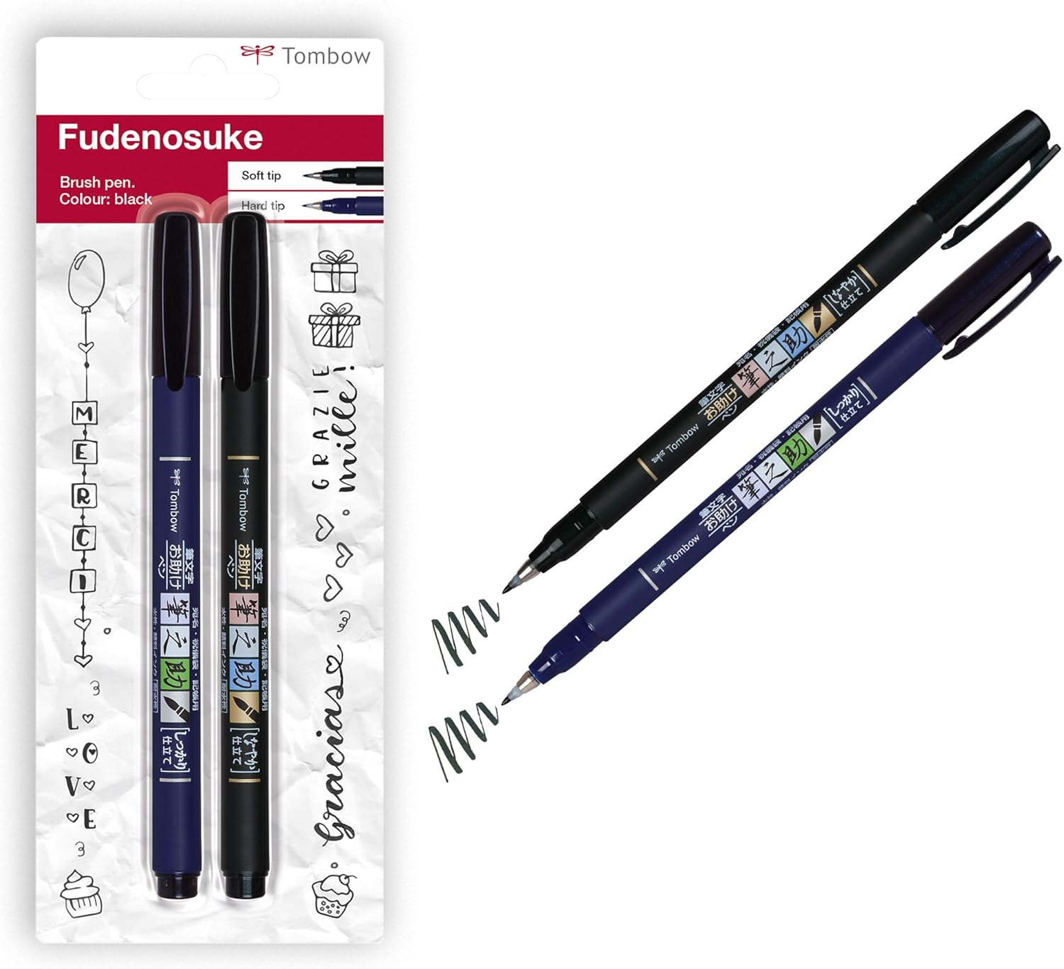 Tombow WS-BHS-2P 2 Fudenosuke Brush Markers: 1 with Hard Tip, 1 with Soft Tip Black