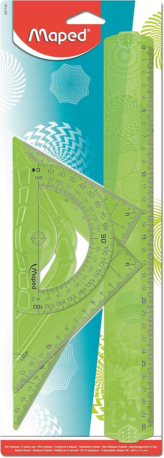 Maped - Geocustom Geometry Kit - 30cm Ruler + 60° School Square + 45° School Square + 180° Protractor - Fantasy Tracing Set - Laser Texturing, Geometric Patterns - Random Colour